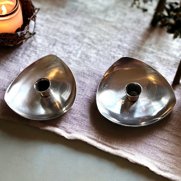 VTG Danish Mid Century 18/8 Stainless Taper Candleholder Pair Minimalist Mod - Picture 8 of 10